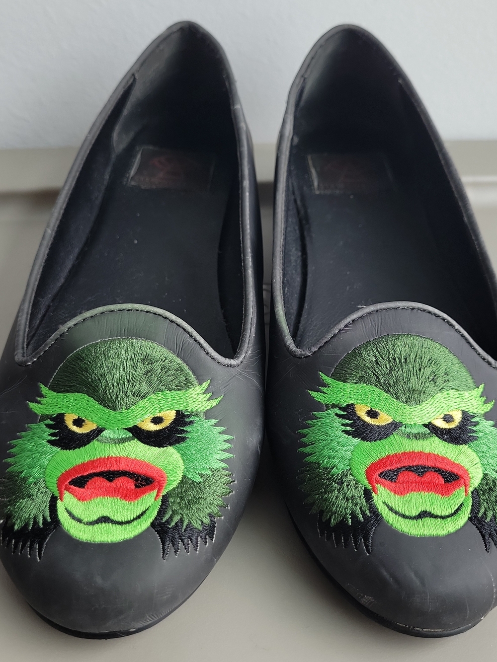 Black Flats with Green Embroidered Monster Face
